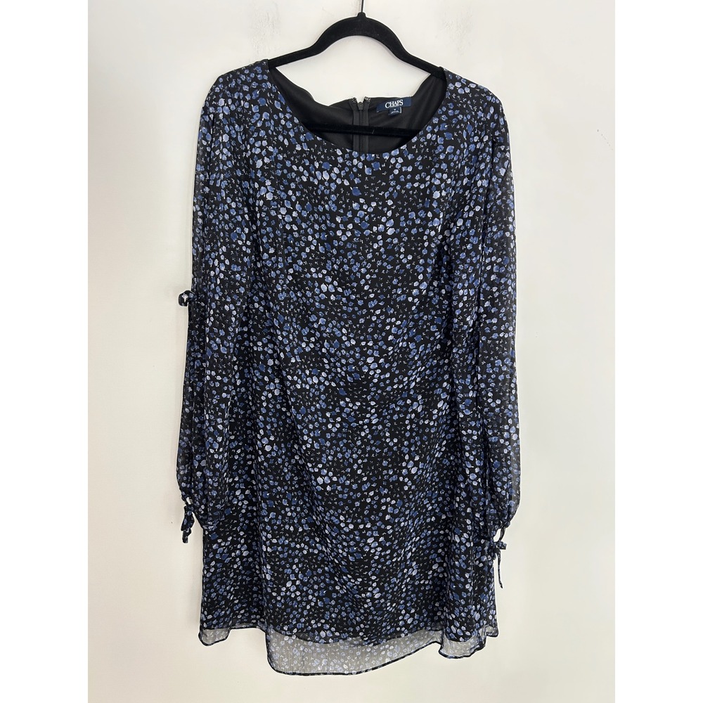 Chaps Womens Blue Floral Chiffon Long Sleeve Shift Dress Size 12 Black Tie Cuff
